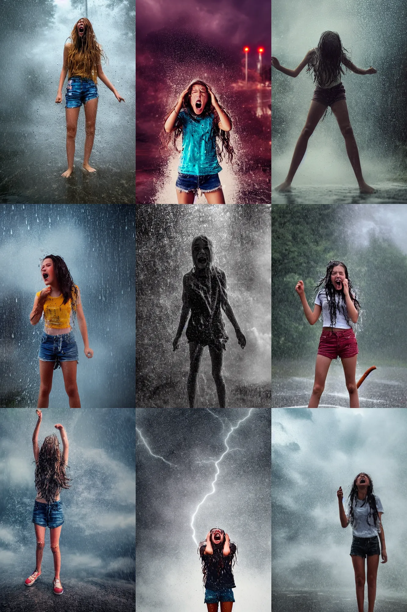 Prompt: detailed photograph of a teenage girl!!!!!! screaming near the camera wearing wet!! and ripped!!! shirt and shorts, a towering robot!!!!!! stands in the distance, short dof, atmospheric, apocalyptic rain and smoke and lightning, bold colors, dramatic movie still