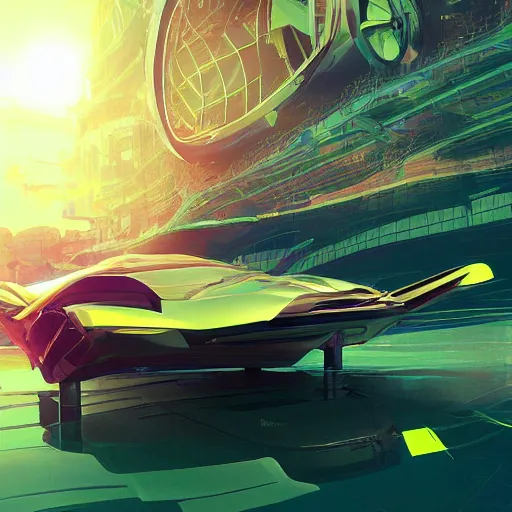 Image similar to solarpunk hovercar, clean energy, green technology, batoidea shape, flying, sunny day, futurism, intricate, engines, glow, highly detailed, peaceful, utopia, bright, digital painting, artstation, concept art, smooth, sharp focus, epic landscape, art by akihiko yoshida and tim mcburnie and anato finnstark