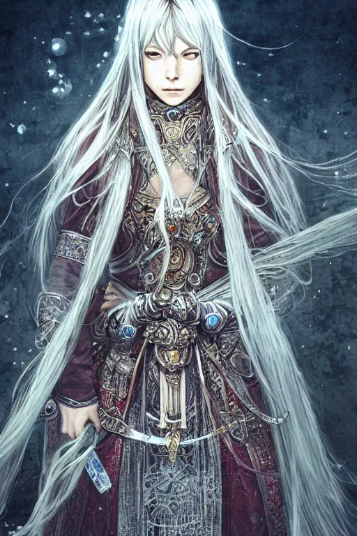 Image similar to A full body portrait of a female priestess with long silver hair by Akihiko Yoshida, fantasy, very detailed, tone mapping