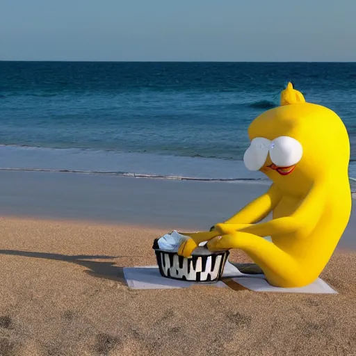 Image similar to lemonman cartoon character is relaxing on a beach, inspired by dalle 2 generations.