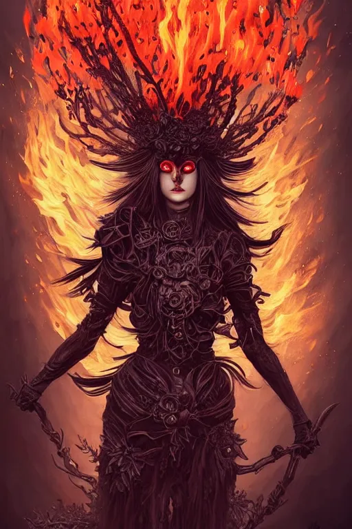 Prompt: full body shot, malevolent witch with 5 0 0 eyes facing front, red hair, crow helmet, floral dress, dead forest on fire, fantasy, intricate, photorealistic, elegant, stylish, highly detailed, digital painting, artstation, concept art, smooth, sharp focus, illustration, art by artgerm and greg rutkowski and terese nielsen