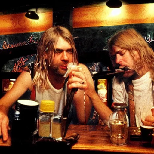 Prompt: a close - up stunning fantasy scene of kurt cobain drinking at a bar with layne staley | highly detailed | very intricate