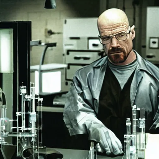 Image similar to walter white working side by side with a terminator in a chemistry lab, high res photograph,