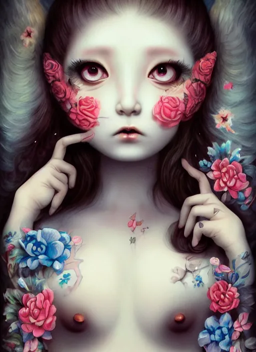 Image similar to pop surrealism, lowbrow art, realistic cute japanese girl wearing bikini painting, japanese street fashion, hyper realism, muted colours, rococo, natalie shau, loreta lux, tom bagshaw, mark ryden, trevor brown style,
