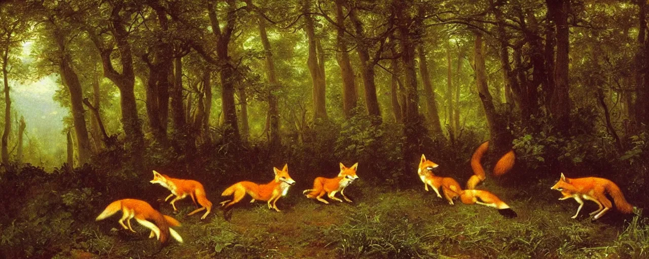 Image similar to foxes in the forest, by albert bierstadt