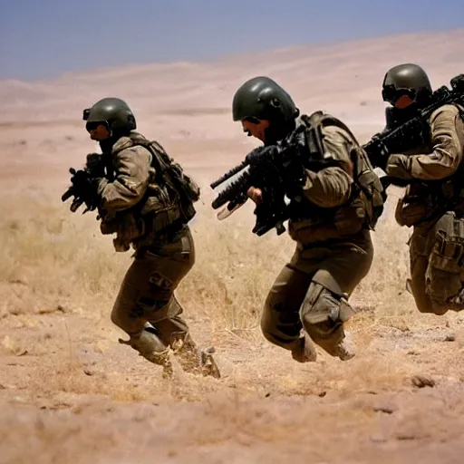 Image similar to muppets dressed as special forces fighting in the desert. epic action movie production photograph.