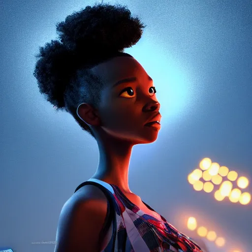 Image similar to stunning, coherent, impressive, detailed still of black girl, follow shot, 3d, in the style of pixar, comic book style, 3d, highly detailed, sharp focus, bokeh, depth of field, 16k resolution, Unreal Engine 5, coherent, cinematic lighting, photorealistic, by Zhang Jingna
