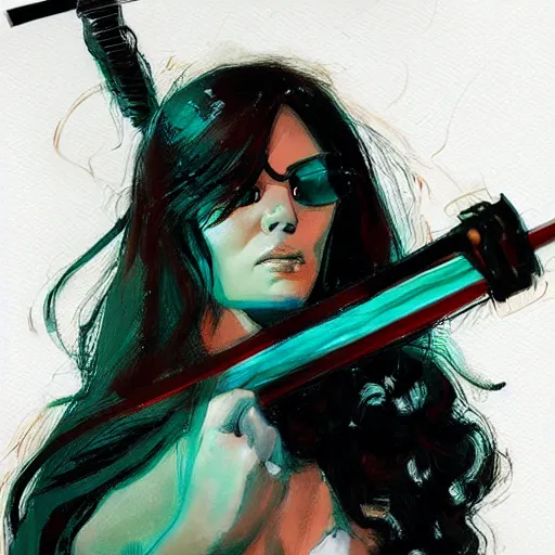 Image similar to stylized portrait of woman with long black frizzy hair wielding a neon katana by Dustin Nguyen, artstation, professionally illustrated