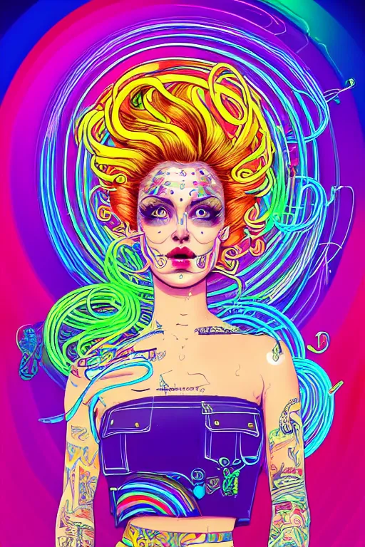 Image similar to a award winning portrait of a beautiful woman with stunning eyes in a one off shoulder croptop and cargo pants with rainbow colored hair, outlined by whirling illuminated neon lines and fine lines swirling in circles by joe fenton, digital art, trending on artstation