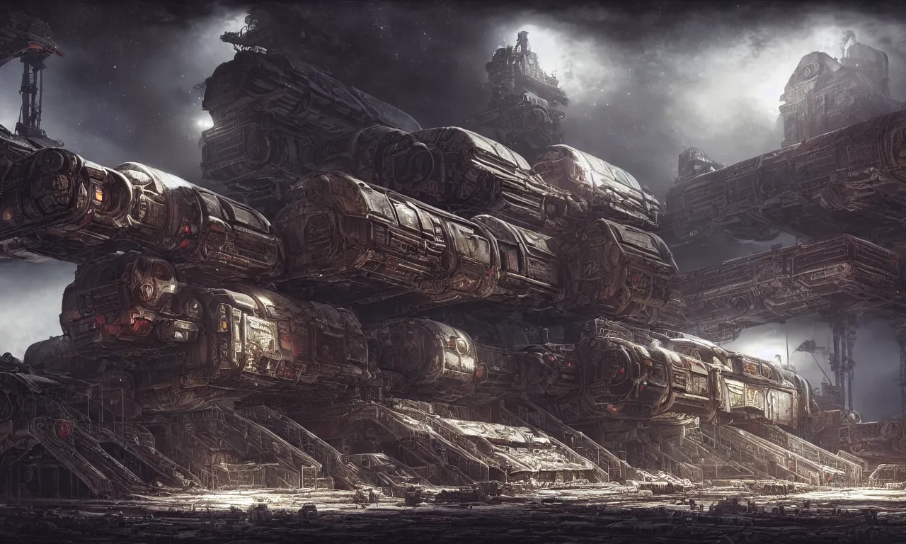 Image similar to a beautiful highly detailed matte painting of a huge derelict cargo starship base, Space Hulk, WarHammer 40k by Jose Daniel Cabrera Pena and Leonid Kozienko, concept art