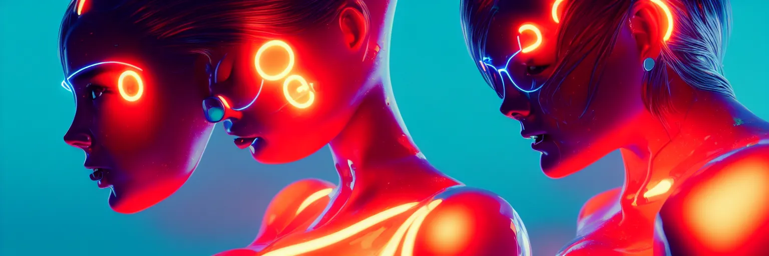 Image similar to a close - up of sensual female humanoid head with freckles cheeks, out - focussed cyber neon lighting background, retro futurism, retro futuristic glossy latex bikini, bokeh background, profile posing, hyper photorealistic, crispy quality, digital photography, art by pascal blanche, art by artgerm, art by greg rutkowski,