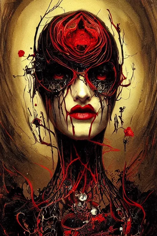 Prompt: red queen of death, Necro style, insanely detailed and intricate bright black line, golden ratio, elegant, gothic fog, ornate, horror, elite, bright and bright, painted by Caravaggio, Greg rutkowski, Sachin Teng, Thomas Kindkade