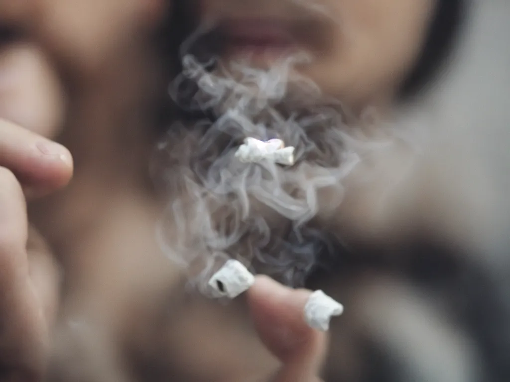 Prompt: Close-up view of hyperrealistic thin soft hand holding cigarette with smoke, photo by Henry Buhl, 4K