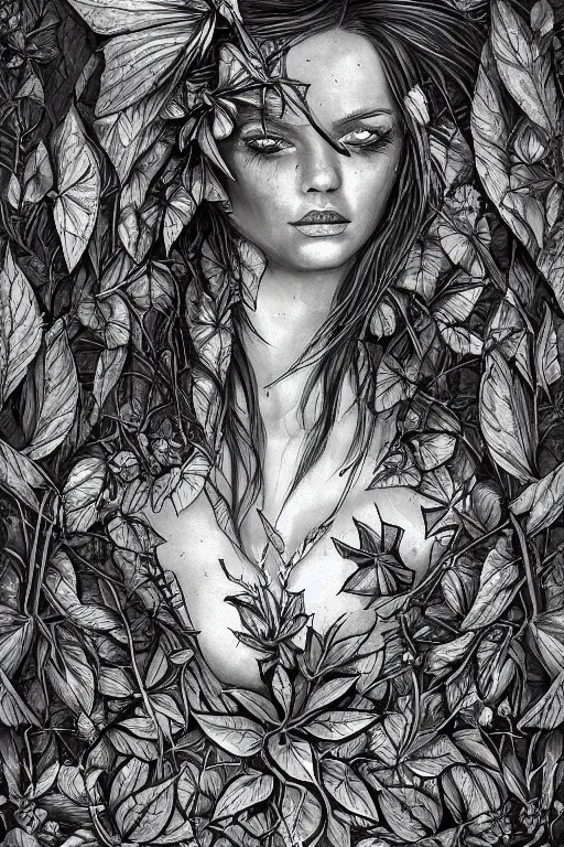 Image similar to book cover | plant fairy | digital painting | highly detailed | ultra realistic | dark fantasy | vivid colors | cinematic atmosphere | hyper detailed | black and white | strong lines