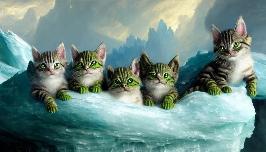 Image similar to highly detailed painting of cute baby furry green dragon kitty cats on a blue and white iceberg by william turner, by greg rutkowski, by william constable, thick brush strokes and visible paint layers, 4 k resolution