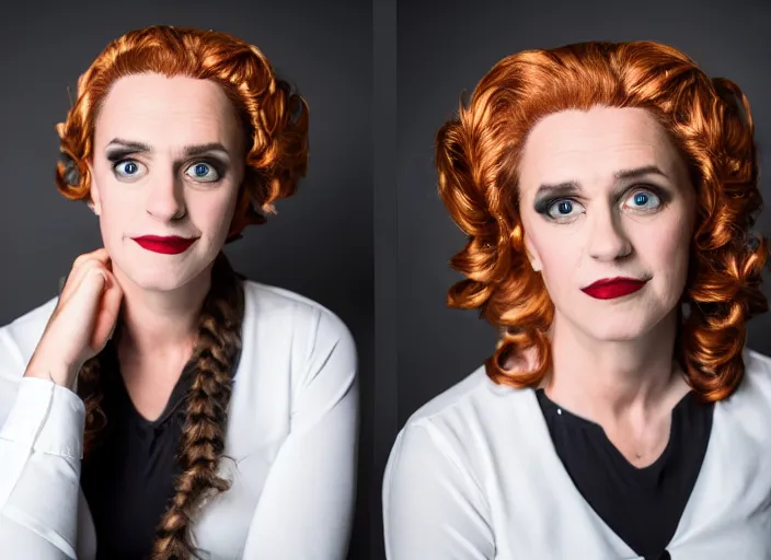 Image similar to dslr photo still of woman jordan peterson dressed as a woman dressed as a woman, 8 k, studio lighting