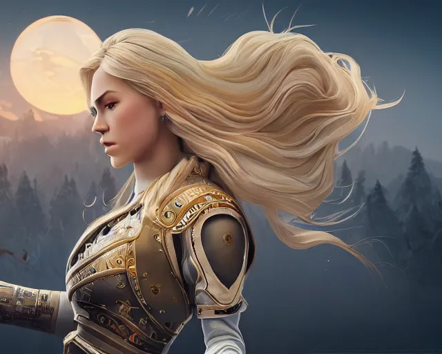 Image similar to epic cinematic shot of beautiful scandinavian princess with symmetrical face stunning eyes and long blonde dodging bullets playing fortnite, weta disney pixar, hi - fructose, decadent highly - detailed digital painting, golden ratio, octane render, artstation, cinematic composition, smooth, sharp focus, artgerm, mucha, loish, wlop hdr