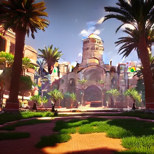 Image similar to a beautiful screenshot in the style of horizon zero dawn with the khedival opera house in talaat harb square cairo with lush landscaping, date palm trees, shrubs and flowers. trending on artstation