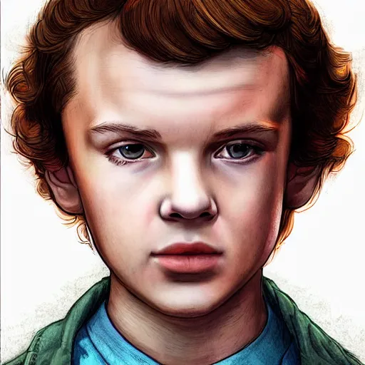 Prompt: beautiful side portait of Eleven from Stranger things by Houston Sharp