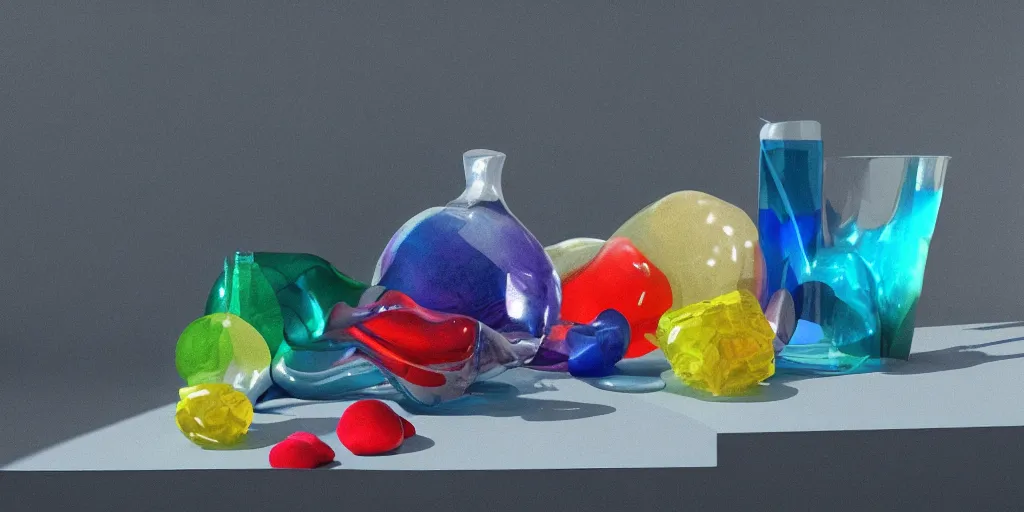 Prompt: still life made from organic shapes of colored glass, vray, octane rendered, hyper realism