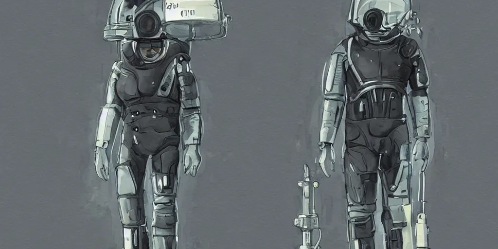 Image similar to male, full body, wide shot, modern space suit, intriguing helmet, stylized character design, the expanse tv series, large shoulders, short torso, long thin legs, tiny feet, science fiction, hyperdetailed, technical suit, dieselpunk, watercolor digital painting, in the style of bruce timm, by alex maleev