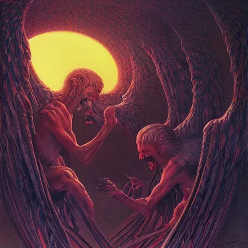 Image similar to Soul eating angels satisfy their hunger, light illumination at sunset, by Wayne Barlowe height 768