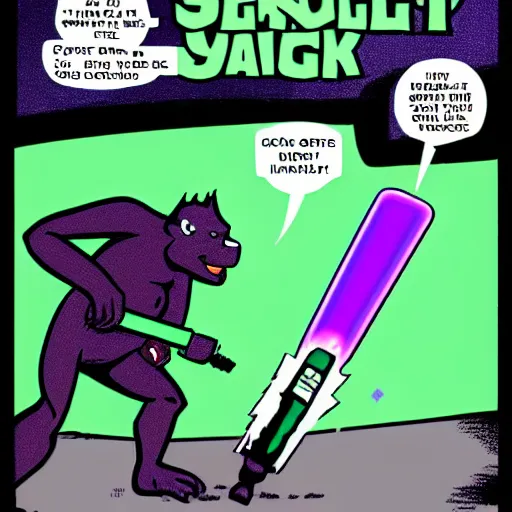 Prompt: purple gorilla using a green light saber in the desert comics style, in rick sanches garage