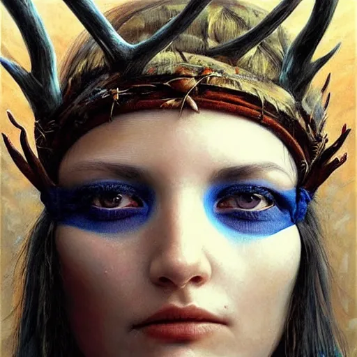 Image similar to A young female shaman blindfolded, blue hair and antlers on her head, blindfolded, heilung, made by karol bak