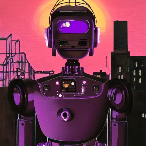 Prompt: a fullmetal wired robot is reading the forbidden intimate diary of sophia aeon, the background is the purple sunset over the gasometer in santiago of chile, oil on canvas by dave mckean and yoji shinkawa