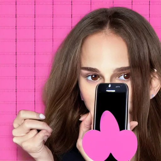 Image similar to a highly detailed college girl that looks like Natalie Portman taking a picture of herself trying to be an influencer with cute pink hearts in the air