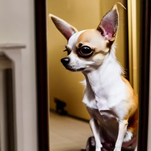Image similar to chihuahua dog seeing his own reflection in a mirror