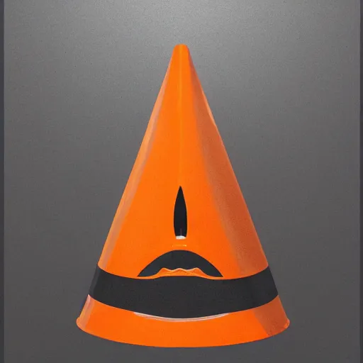 Image similar to great white shark with a conical orange traffic cone orange traffic cone orange traffic cone for a dorsal fin - ron cheng & alphonse mucha, highly detailed, digital painting, ray tracing, concept art, illustration, smooth sharp focus, intricate, symmetry, artstation,