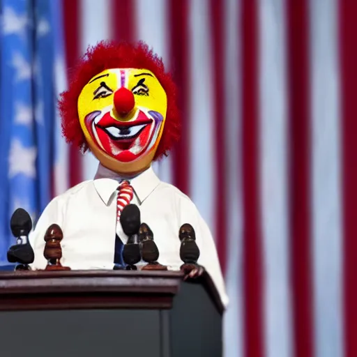 Image similar to string puppet of a president with clown makeup in a podium and a human shadow behind