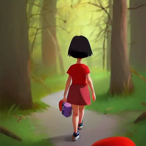 Prompt: goro fujita ilustration dora the explorer in a red dress and backpack, short hair, walking through the woods picking mushrooms, painting by goro fujita, sharp focus, highly detailed, artstation