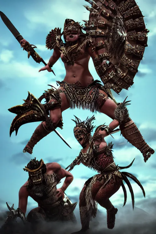 Prompt: action fight, aztec princess fights barbarians,rich Aztec jaguar armor,ligtt sword, vertical composition, inspired by monster hunter and westerns, muscular body, clean beautiful symmetrical face, subtle make up, epic,dramatic lighting, cinematic, establishing shot, extremely high detail, photorealistic, brutal, provocative , cinematic lighting, artstation, octane render, dark fantasy ,old photo, vintage, black and white