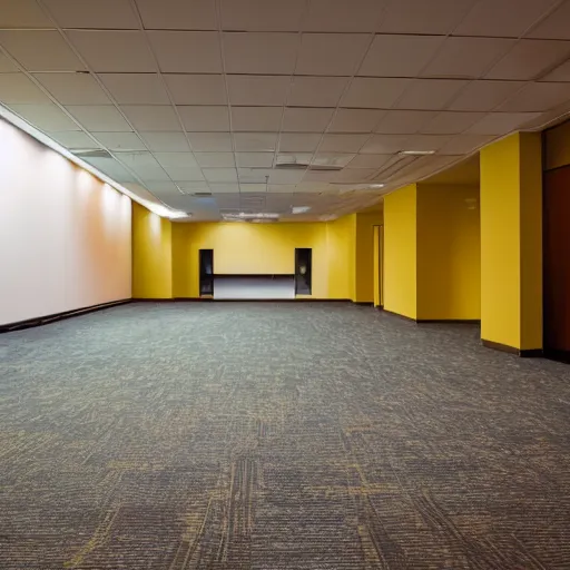 Image similar to empty 9 0 s office building with no windows doors or furniture. the building has brown carpet and yellow wallpaper