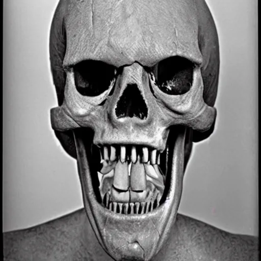 Image similar to historical photo 1 9 7 0 s of humanoid with crooked teeth, black eyes, gaping mouth, skeleton like, alien looking, skull like, big forehead, horrifying, killer, creepy, dead, monster, tall, skinny, open mouth, deathly