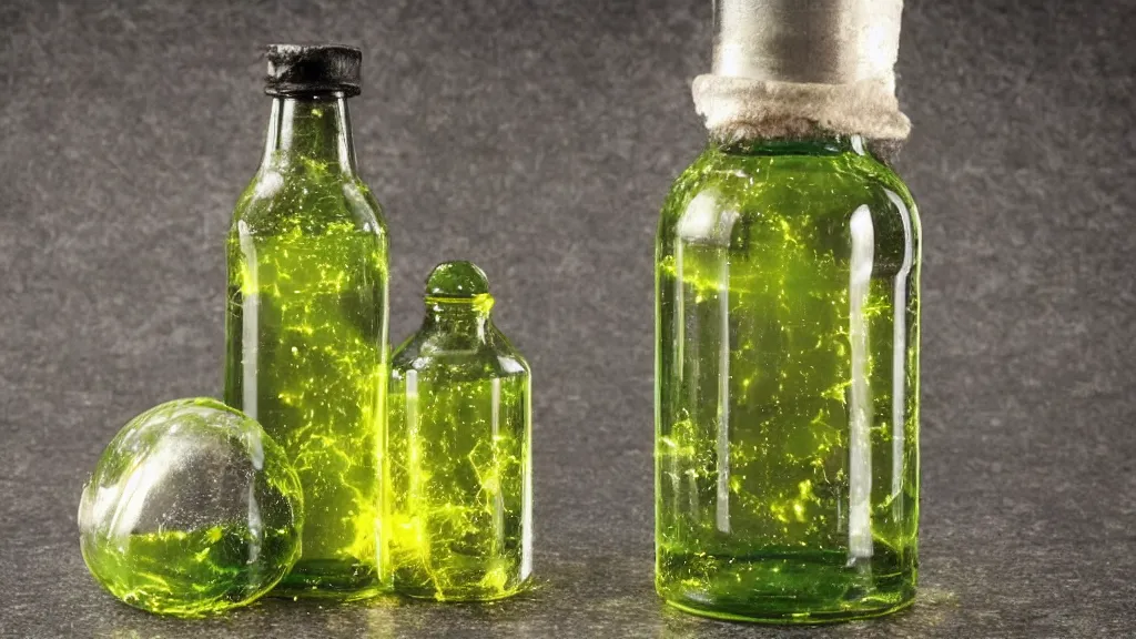 Prompt: a bottle filled with Radioactive liquid