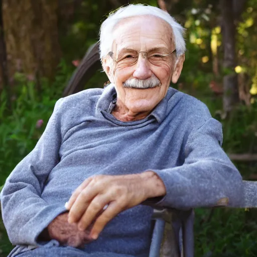 Prompt: The photograph of a kind soft smiling, very old beautiful man, looking peacefully into the camera
