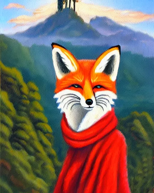 Prompt: oil painting portrait of anthropomorphic female fox animal dressed in sweater and scarf, fox animal, hollywood sign in background, location movie studio, oil painting,