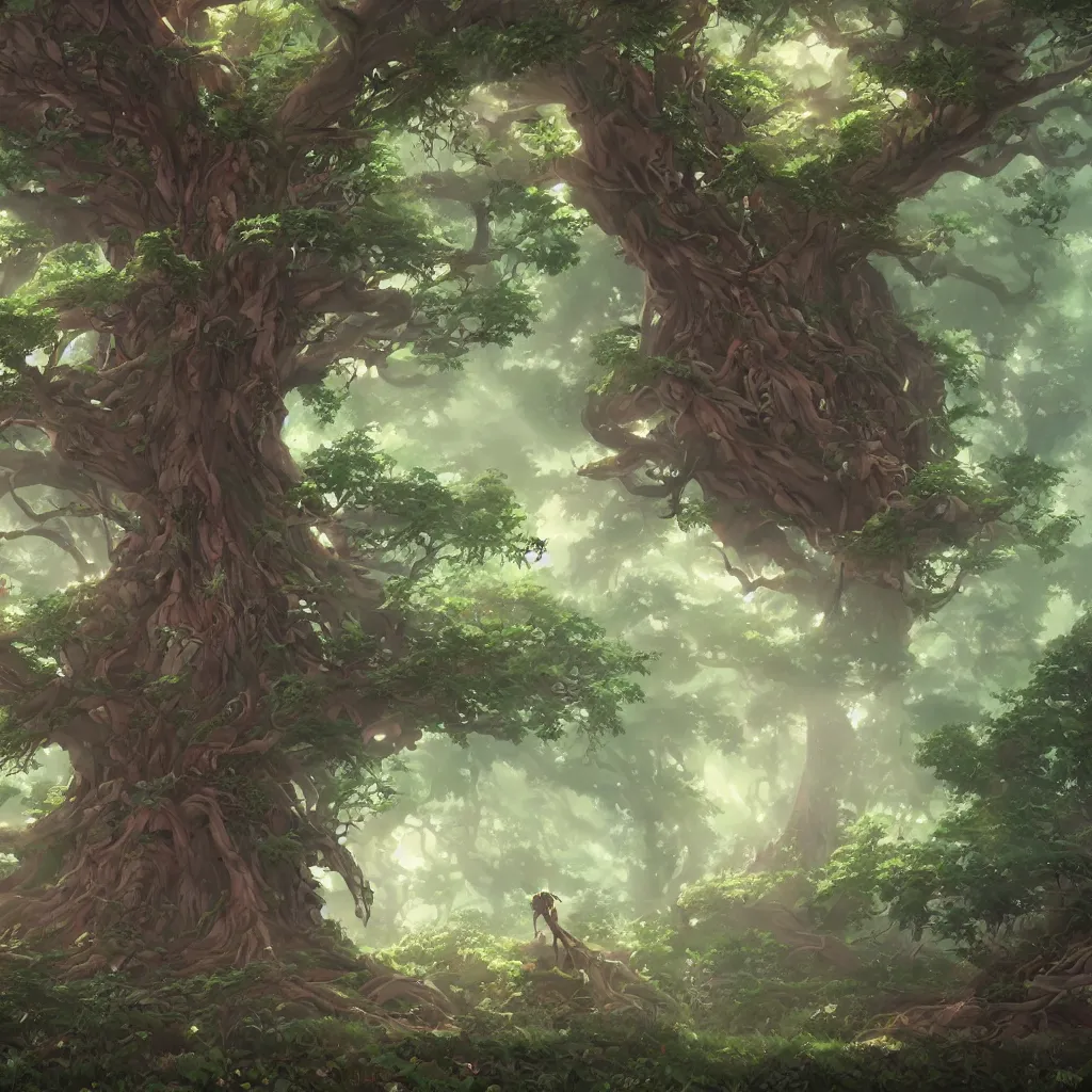 Prompt: very large, old tree, with vanes all over it. epic tree. tiny bugs and fireflies. slightly glowing air. magic, fantasy, ghibli studio, anime, unreal engine, artstation, all seasons