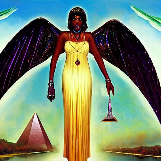 Image similar to isis depicted as a black woman with large iridescent wings in front of a crystal pyramid by Aliza Razell, greg rutkowski, and thomas blackshear, oil on canvas