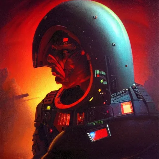 Image similar to a dark and colorful close - up side profile portrait of a spaceship with led lights glowing fog in the background. highly detailed science fiction painting by norman rockwell, frank frazetta, and syd mead. rich colors, high contrast, gloomy atmosphere, dark background. trending on artstation