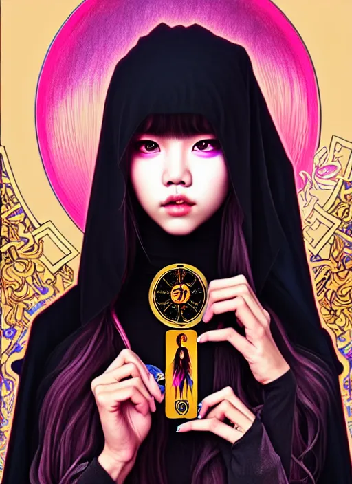 Image similar to lalisa manoban of blackpink, grim reaper costume, tarot card, highly detailed, digital painting, smooth, sharp focus, illustration, ultra realistic, 8 k, art by artgerm and alphonse mucha