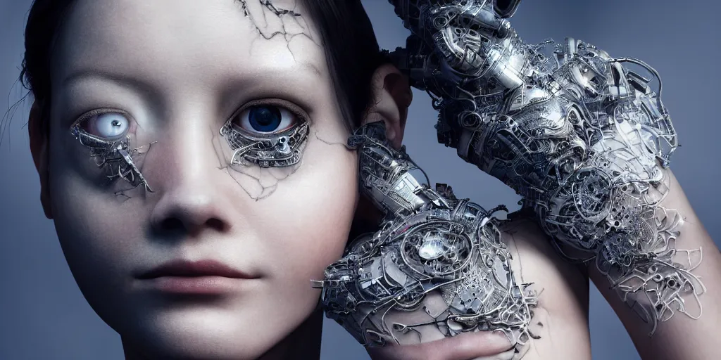 Prompt: hyper realistic photography of a stunningly beautiful cyborg female, circuitry, elbow, chest, intimate, holding close, hands, in the style of beth cavener, jin kagetsu,, and wlop, highly detailed, intricate filigree, masterpiece, award winning, sharp focus, concept art, ringflash lighting, ambient lighting, octane render, 8 k, artstation