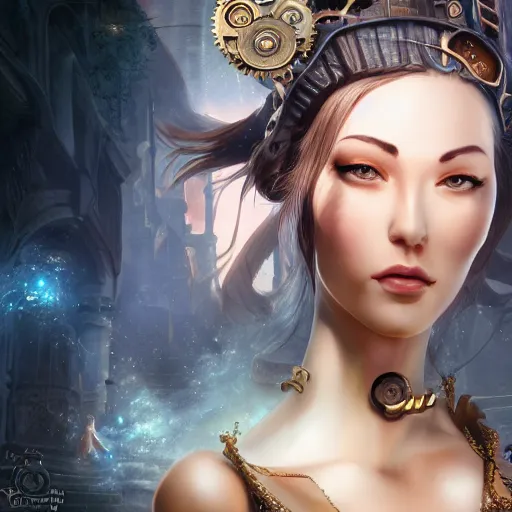 Image similar to fantasy woman in steampunk town, details face, detailed body, realistic body structure, unreal engine, by popular digital artist, digital, artstation, detailed body, heavenly atmosphere, digital art, overdetailed art, trending on artstation, cgstudio, the most beautiful image ever created, dramatic, award winning artwork, beautiful scenery