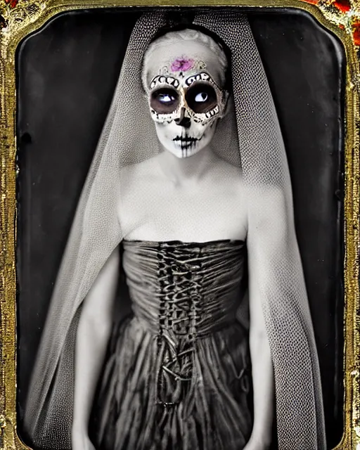 Prompt: tintype religious veil woman in dia de muertos dress and makeup high quality photo, microchip, artificial intelligence, bio - mechanical bio - luminescence, black wired cables, neurons, nerve cells, cinematic, rim light, photo - realistic, high detail, 8 k, masterpiece, high fashion, in the style of steven meisel dora maar h. r. giger