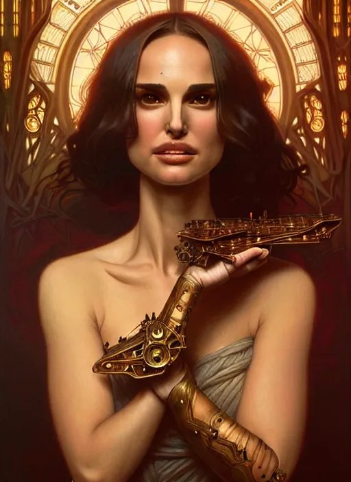 Image similar to portrait of natalie portman, volumetric lights, feast, music notes, art nouveau botanicals, gothic, intricate, highly detailed, digital painting, artstation, concept art, smooth, sharp focus, symmetric face, illustration, steampunk, art by artgerm and greg rutkowski and alphonse mucha