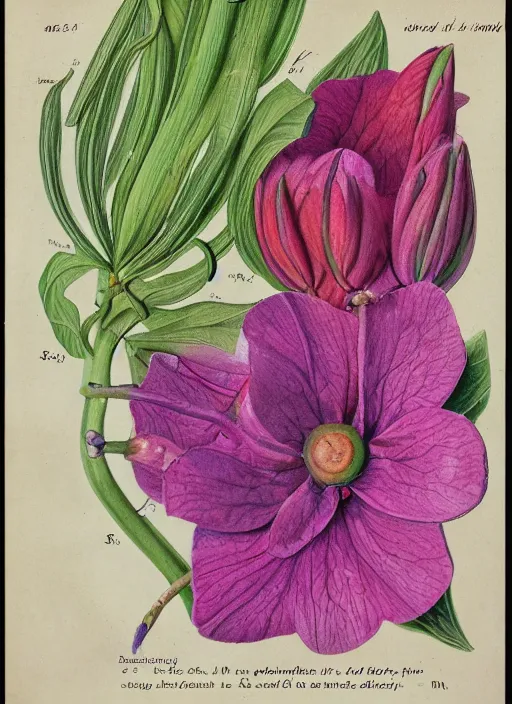 Prompt: fantasy scientific botanical illustration of colorful flower with a female mouth