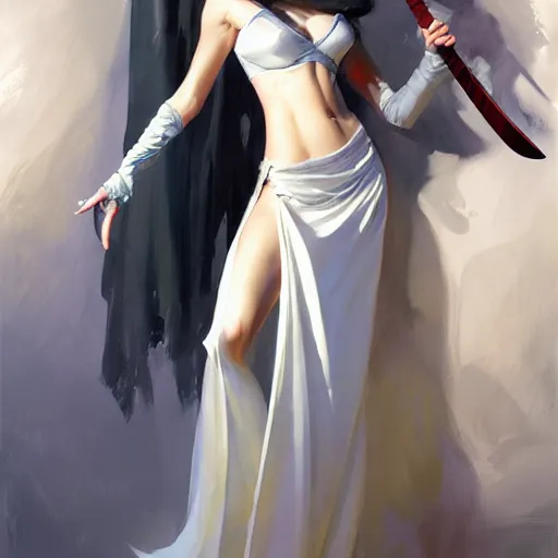 Prompt: greg manchess painting of queen of zokra, silver white hair, long gown, sorceress sword, soft lighting, trending on artstation, by huang guangjian and gil elvgren and sachin teng